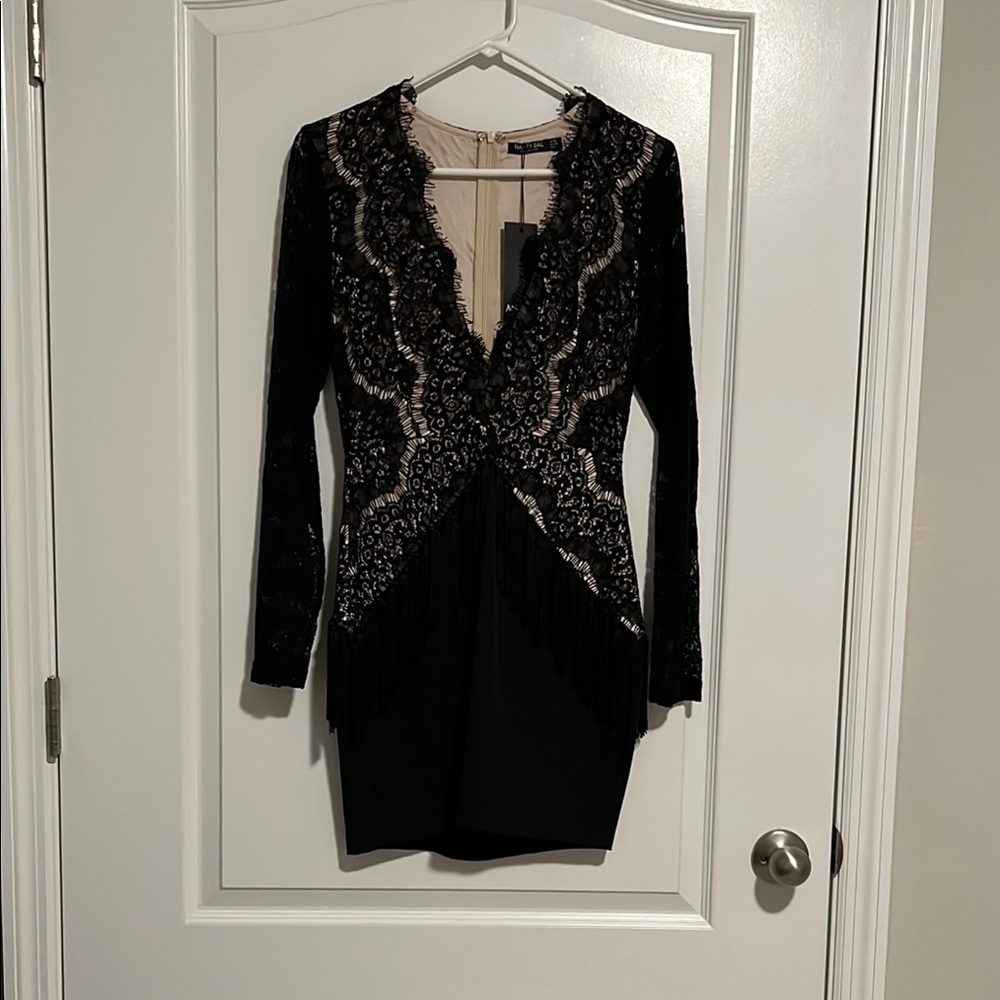Nasty Gal Black and Cream Lace Long Sleeve Dress